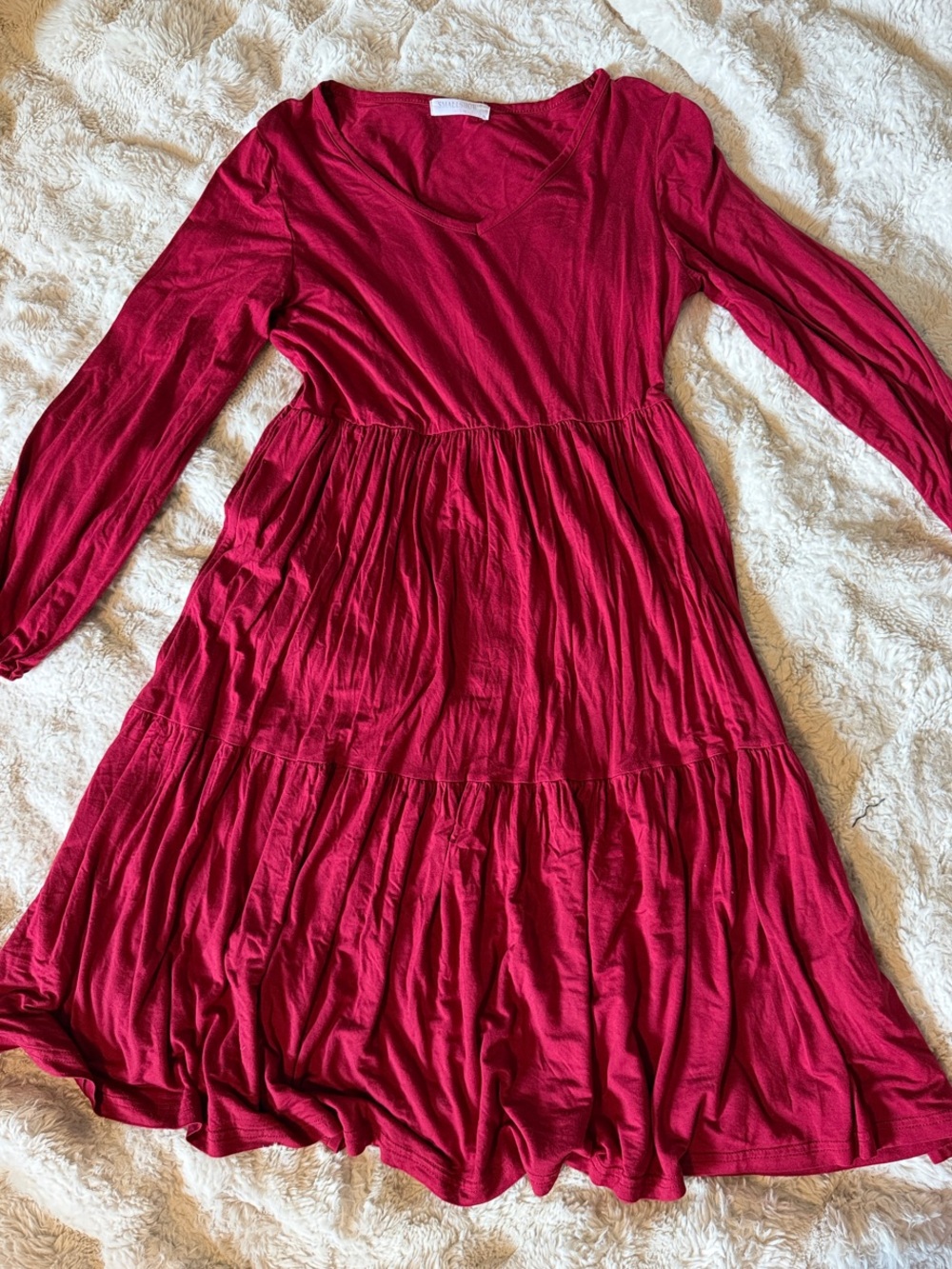 Deep Berry Tiered Long-Sleeve Midi Dress